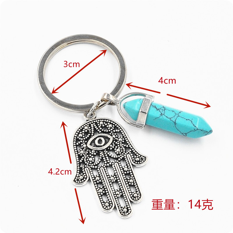 European and American Ornament DIY Hexagonal Crystal Column Rough Stone Keychain Fatima Palm Thousand Eyes Key Ring Pendant