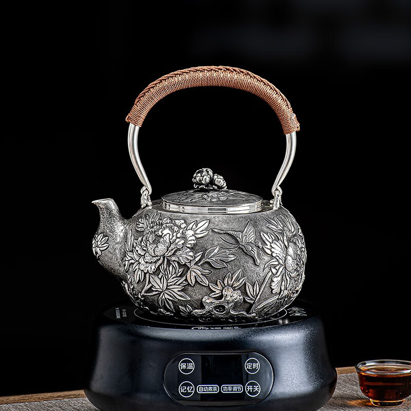 归银堂银壶足银999一张打富贵花开纯银烧水壶家用大号手工复古银
