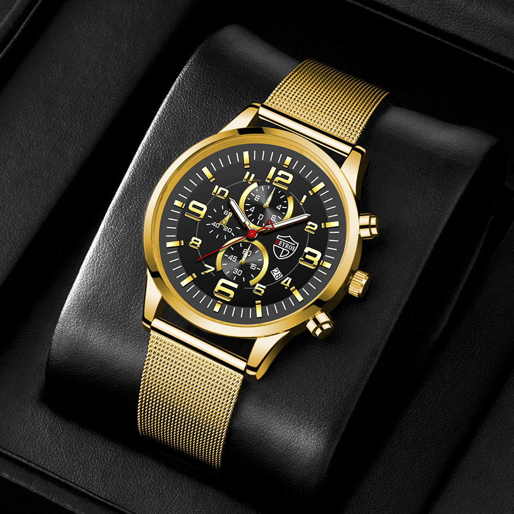 deyros 黄金手表 大表盘男表中东爆款夜光日历钢带男手表跨境爆款