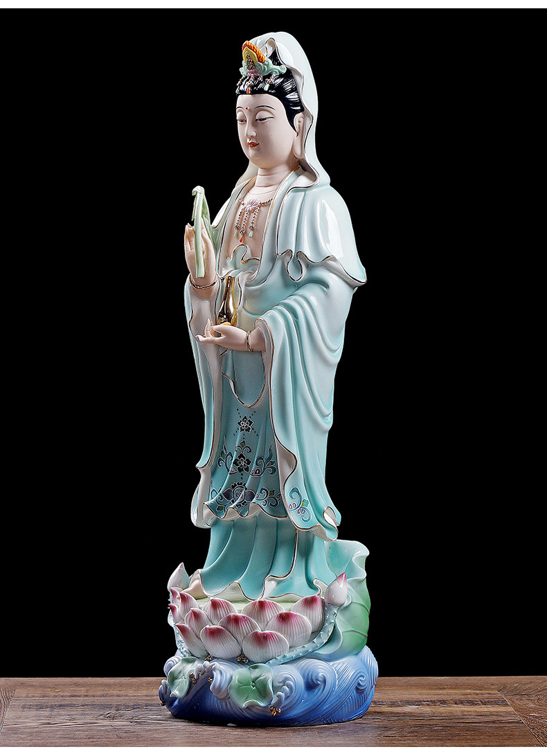 宴扬艺瓷18吋立荷观音菩萨天青衣彩绘佛像居家供奉家供观世音摆件