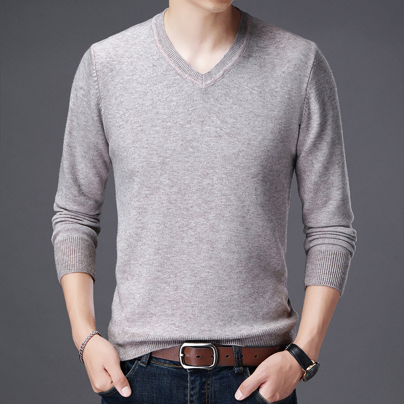 羊毛衫男v领中青年纯色薄款针织衫秋冬季中年潮流毛衣男士打底衫