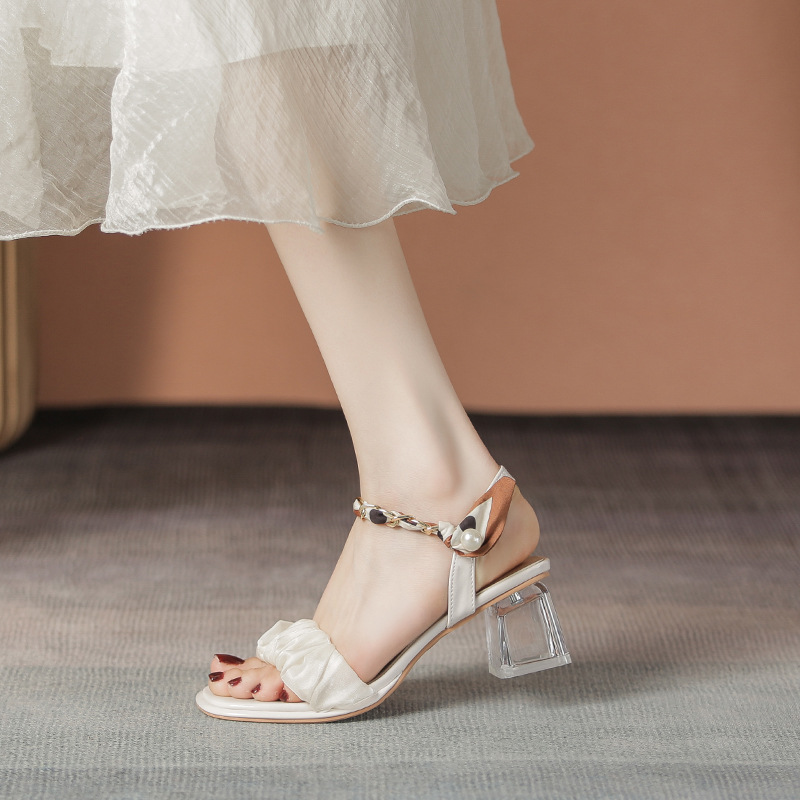 凉鞋女夏2023新款透明跟仙女风凉鞋女网纱褶皱一字扣丝带链条女鞋