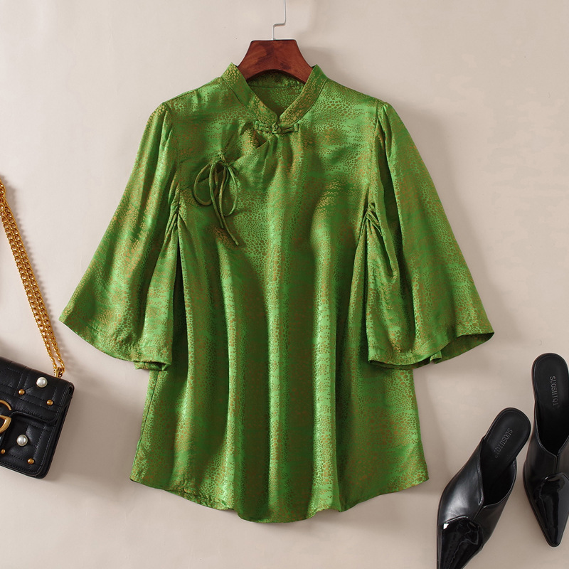 绿色中式真丝衬衫女夏装新款提花复古中国风桑蚕丝小衫上衣mj3997