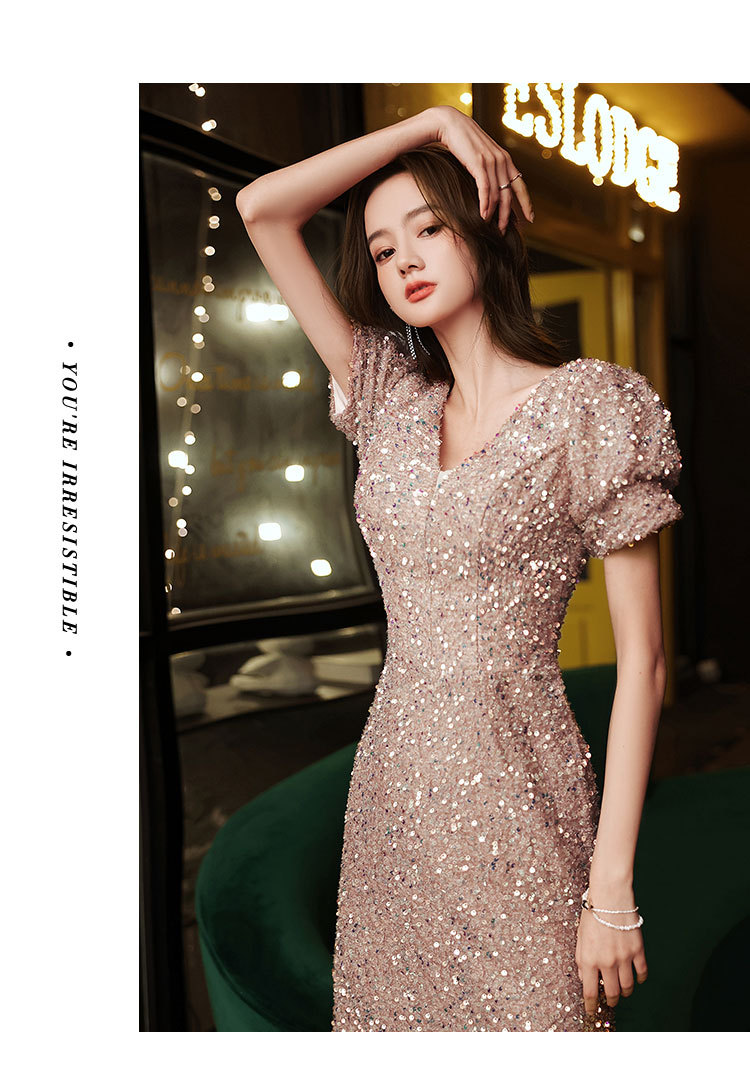香槟色晚礼服2021新款宴会气质亮片鱼尾修身名媛主持人礼服