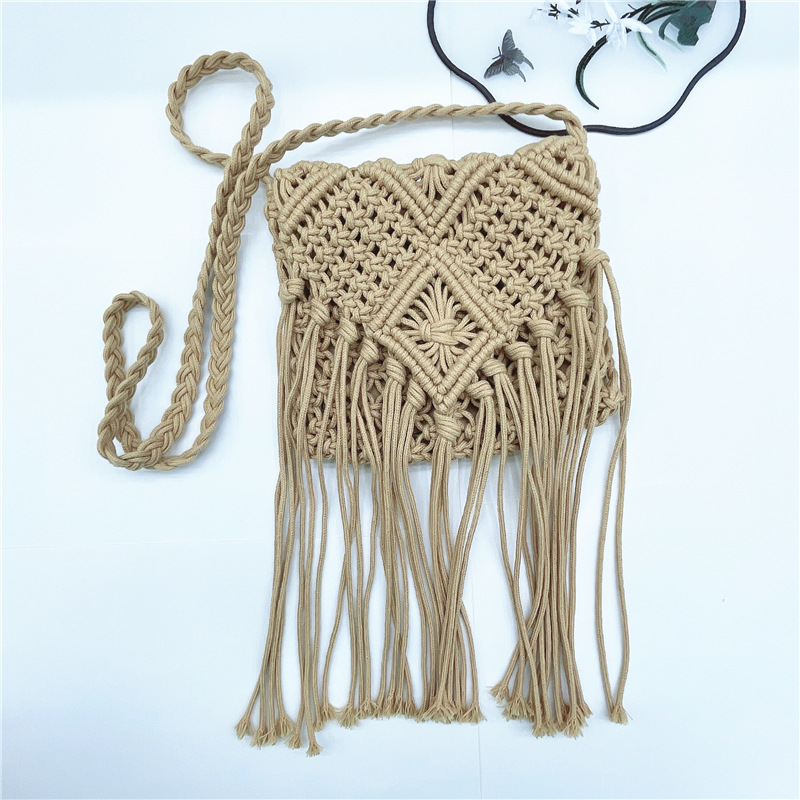 Hollow Tassel Woven Bag Fashion Bohemian Style All-Match Women's Handbag Solid Color Simple Crossbody Shoulder Bag