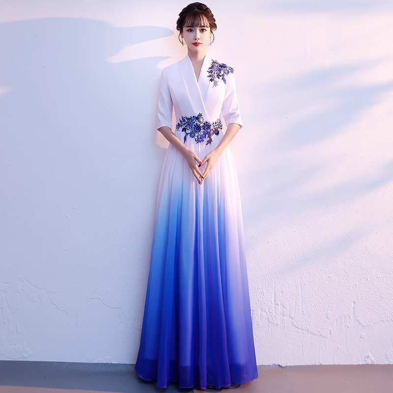 大合唱指挥服朗诵比赛表演长裙蓝色红歌演出服主持人礼服裙时尚春