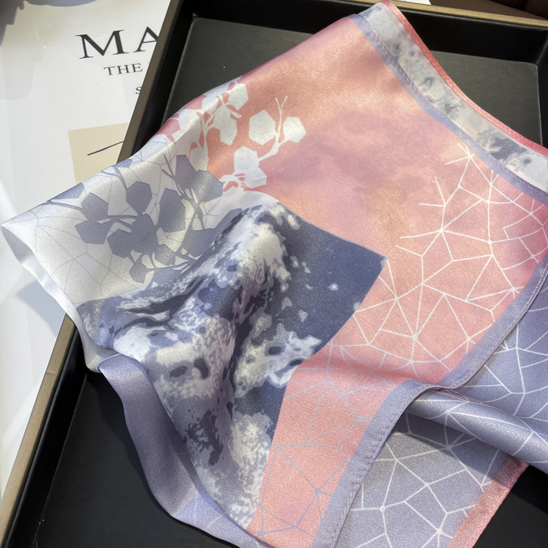 Spring and Autumn Korean Style Lightweight Stitching Tie-Dyed Flower Geometric Silk Mulberry Silk Scarf 53 Small Square Towel Workplace Women