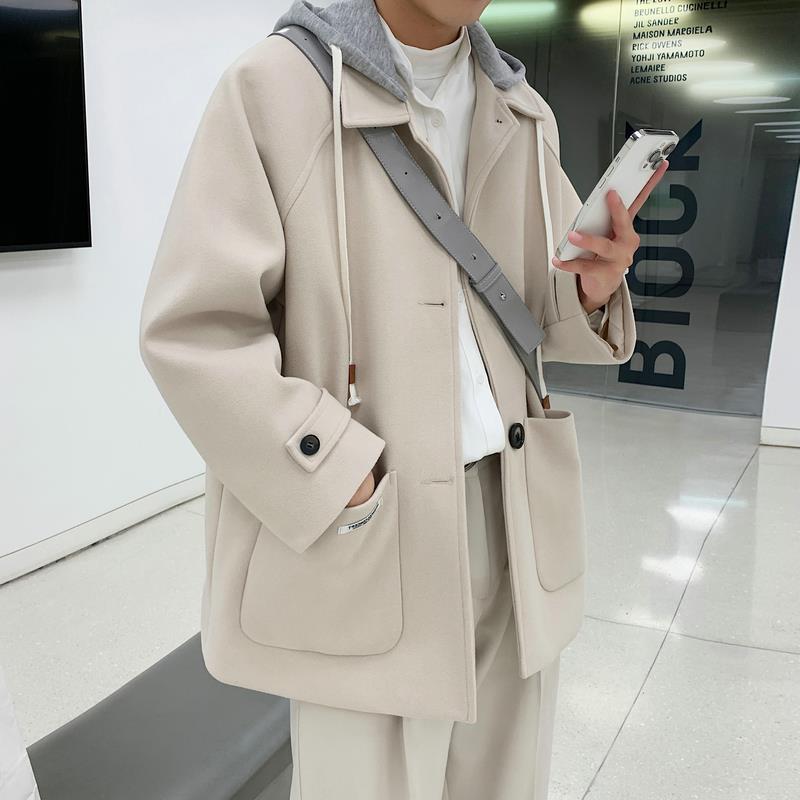 冬新款韩版情侣连帽宽松短款毛呢大衣风衣外套男士短款风衣夹克