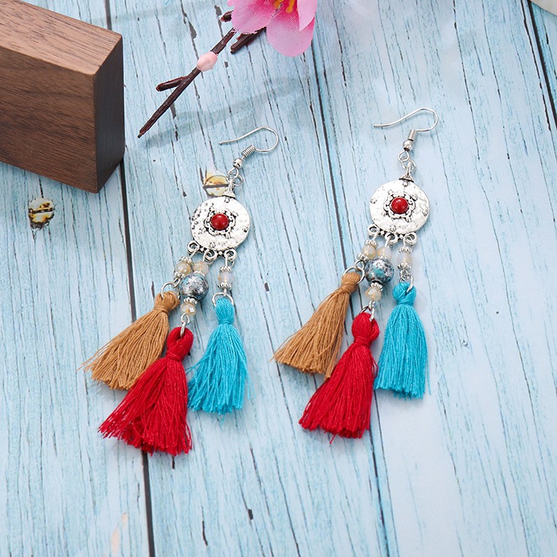 Retro Style Palace Long Tassel Bead Earrings round Carved Painting Oil New European and American Earrings Ethnic Style Jewelry