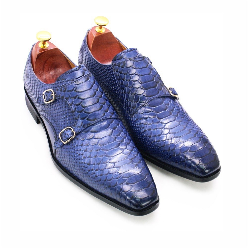 外贸批发真皮蟒蛇鳞皮鞋男双扣绅士皮鞋婚鞋头层牛皮商务休闲男鞋