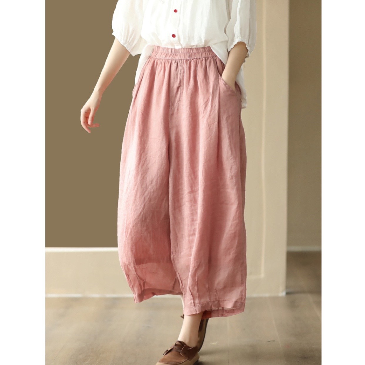 复古100支细苎麻女裤全棉内衬阔腿裤显瘦双层九分裤-阿里巴巴