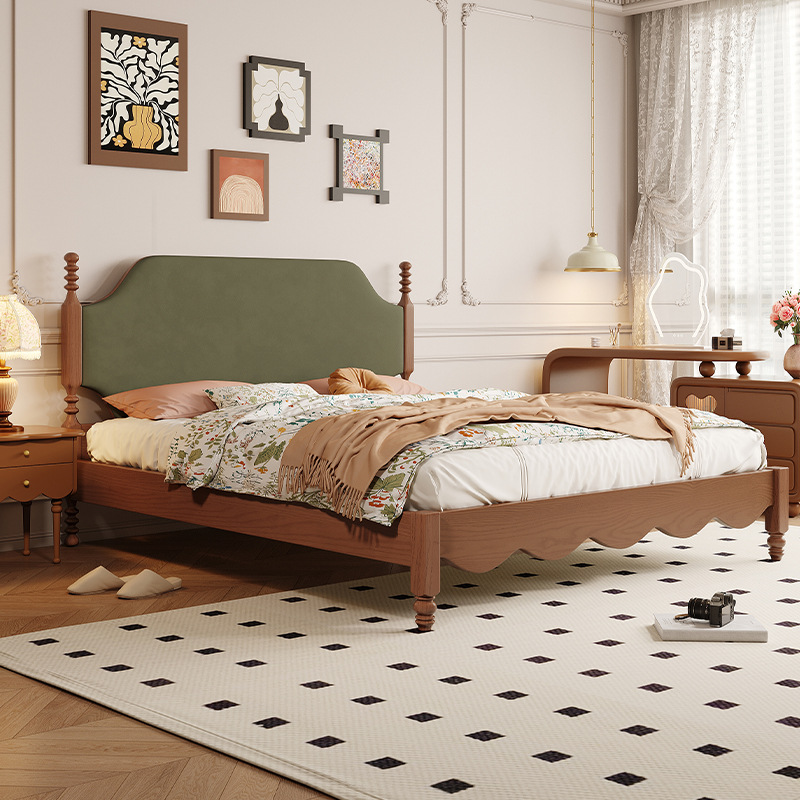 法式复古床轻奢现代主卧1.8米大床中古风别墅高靠婚床实木软包床