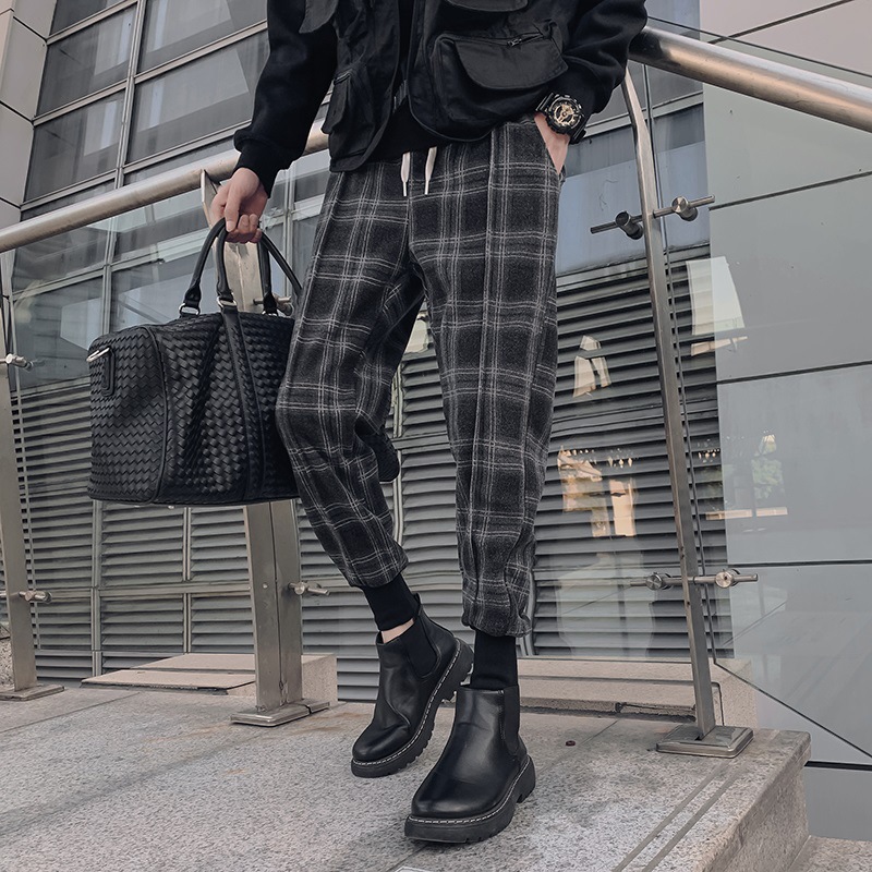 秋季马丁靴裤子潮牌男士束脚裤冬季痞帅格子男裤休闲卫裤厚加绒裤