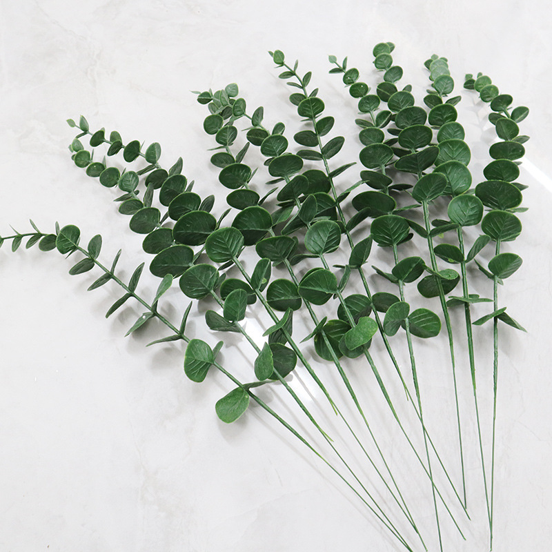 单支尤加利叶绿色婚庆家居花艺设计叶材塑料单叉金钱串叶子