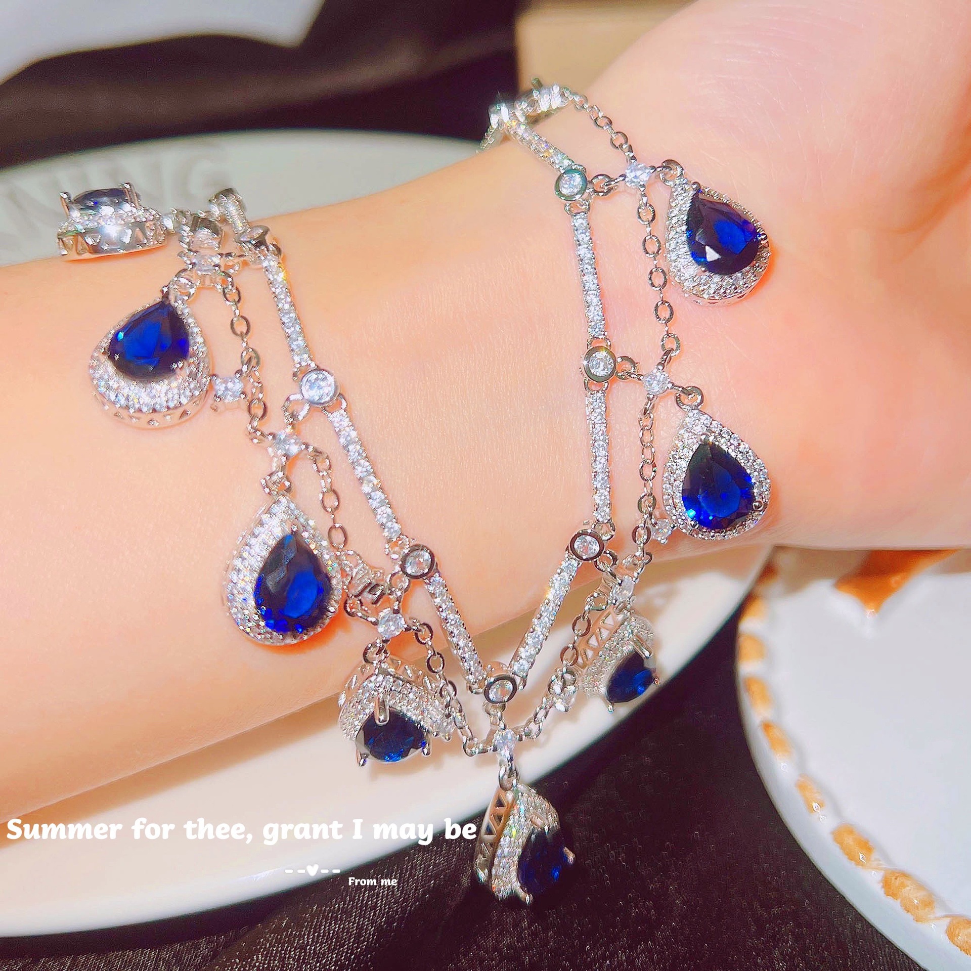 小红书高定珠宝款满钻仿皇家蓝宝石套链 奢华宴会水滴梨形项链女