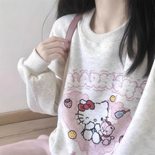 韩系甜美卡通凯蒂猫圆领卫衣女淡灰减龄kitty宽松学院风套头上衣