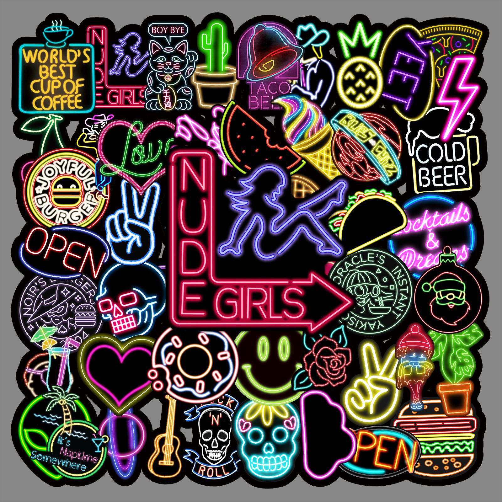 50张霓虹灯创意潮流贴纸滑板车笔记本电脑汽车摩托车装饰防水贴纸