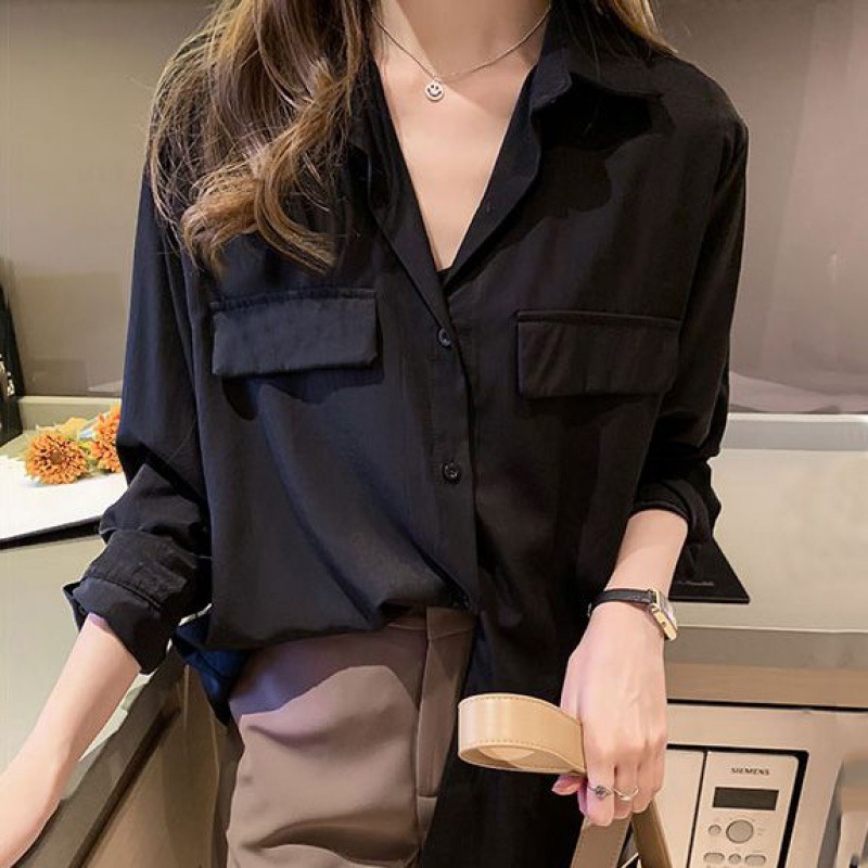 秋季新款设计感小众长袖女衬衫黑色宽松衬衣打底衫外穿内搭休闲