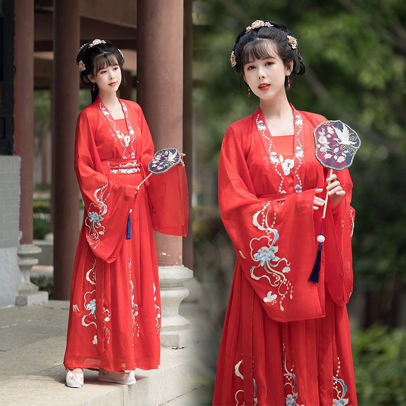 实拍中国风大袖齐腰襦裙重工刺绣复古三件套汉服女夏季