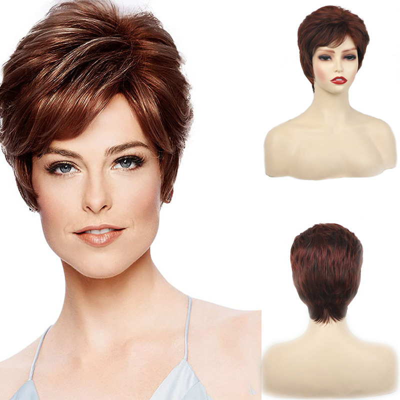 跨境欧美时尚假发女棕红色短直发化纤机制玫瑰网全头套short wigs