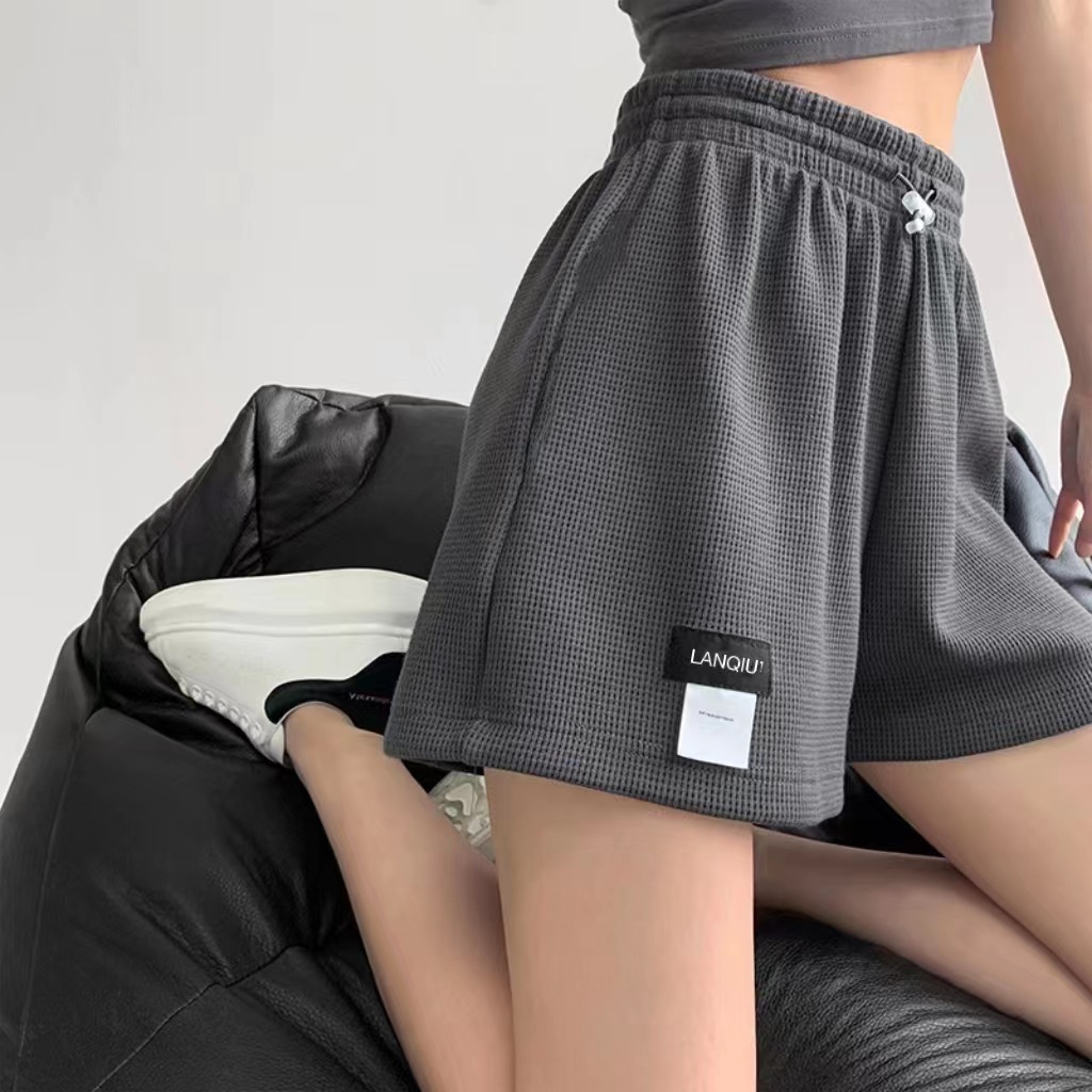 Waffle Shorts Loose Sports Shorts Women's Elastic Waist Wide Leg Hot Pants Casual Slimming High Waist Straight Home