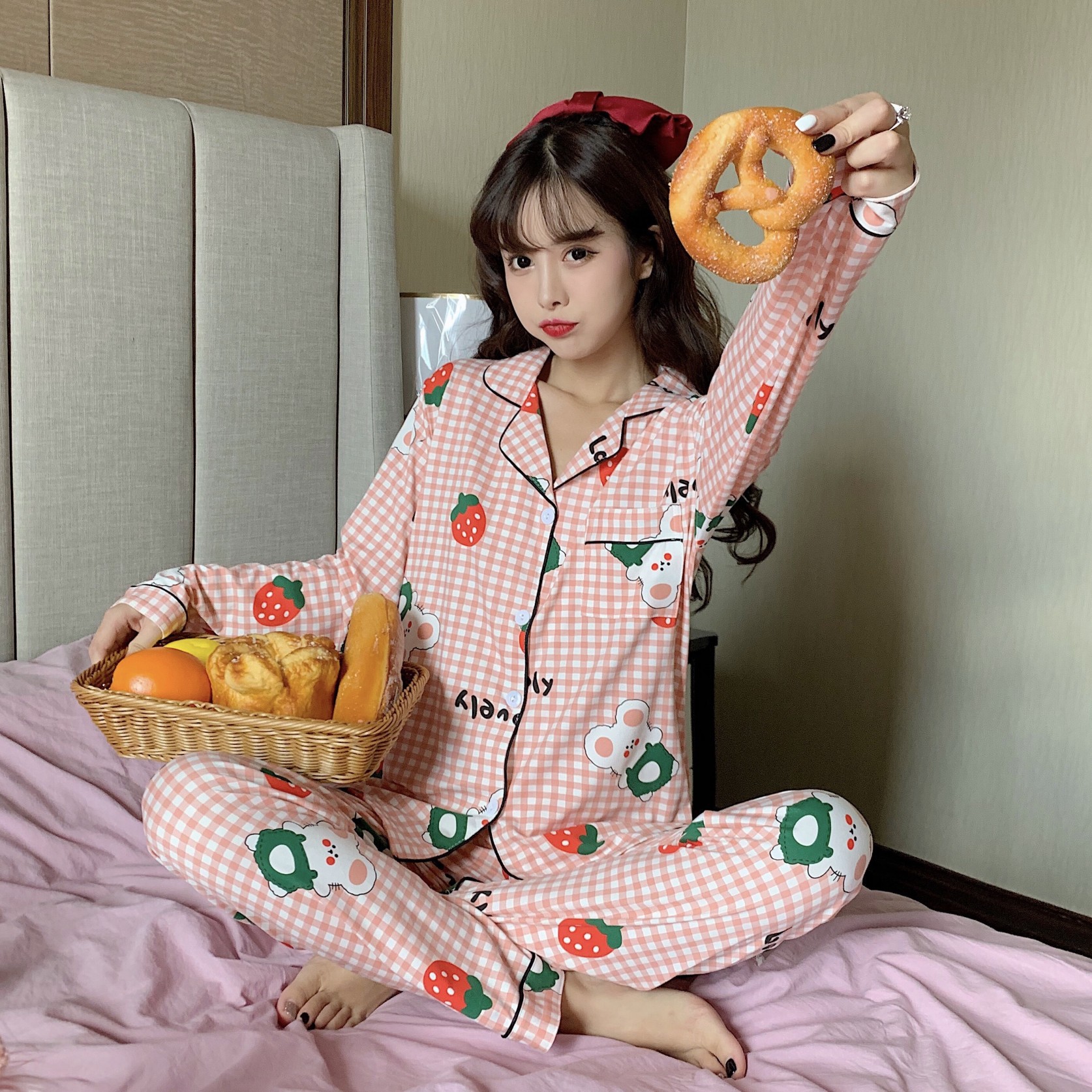 春秋季长袖长裤格子睡衣女秋批发爆款日韩版少女家居服套装可外穿