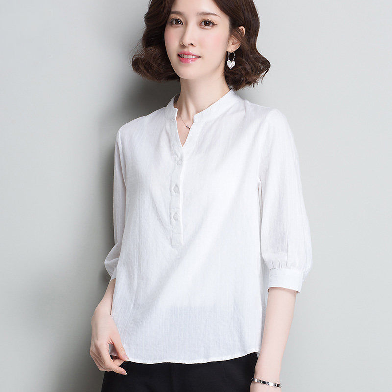 棉质七分袖衬衫女夏季新款韩版立领小衫上衣宽松职业白色衬衣批发