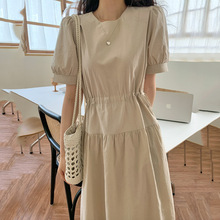 韩国chic气质质感高级感褶皱收腰连衣裙女夏季新款棉麻中长款裙子