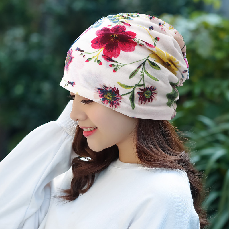 清新白底小花六叶花玫红叶子套头帽外贸现货两用民头帽子围脖代发