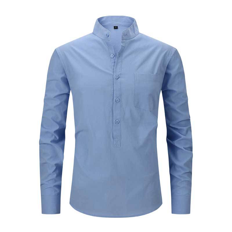 Wholesale Cross-Border Casual Plus Size ForeignTrade Spring Men's Cotton Henley Shirt White Shirt Long-Sleeved Men's Cotton Non-Ironing Shirt Linen Man