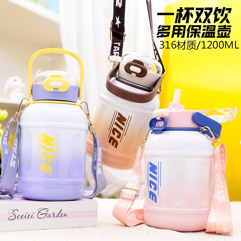 New Large Capacity 1200ml Fitness Sports Crossbody Big Belly Cup 316 Stainless Steel Bounce Straw Thermal Insulation Cup