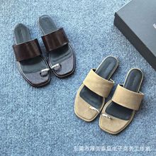 原单外贸女鞋舒适真皮方头平底一字带拖鞋夏季简约露趾休闲凉鞋