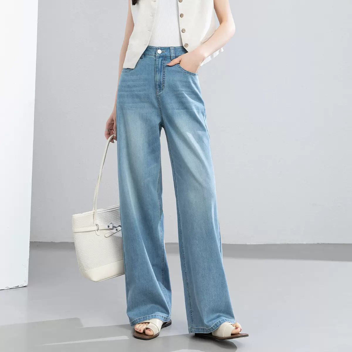 鑫阁冰感莱赛尔天丝牛仔裤新款高腰窄版垂坠显瘦夏季薄款通勤百搭