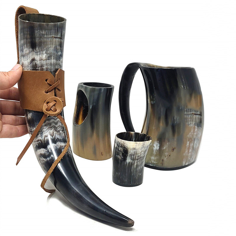 复古牛皮维京号角杯套 腰挂式啤酒杯套 可调节大小牛角杯套