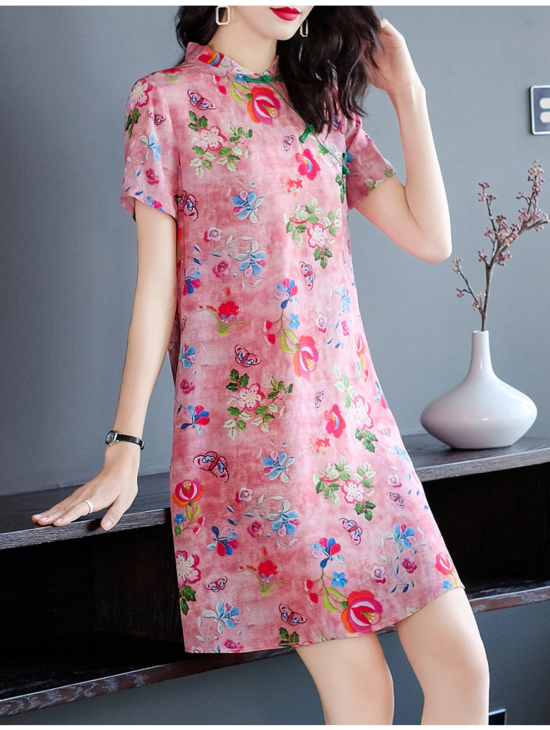 2022春季新款女装桑蚕丝粉色中国风改良旗袍印花真丝连衣裙69090