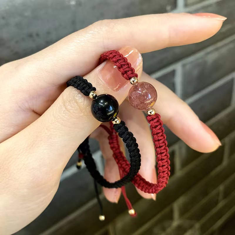2022 New Obsidian Lucky Beads Men's, Red Strawberry Quartz Crystal Bracelet Women's Woven Couple Bracelets