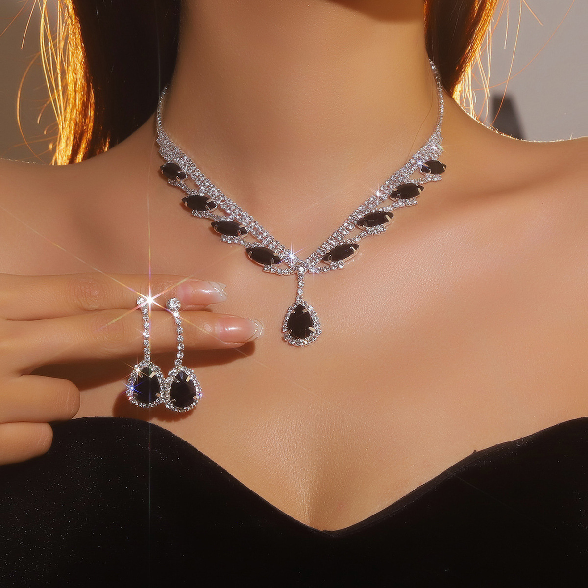 欧美跨境 奢华闪钻超美黑色项链耳环套装 新娘首饰 水滴吊坠耳坠