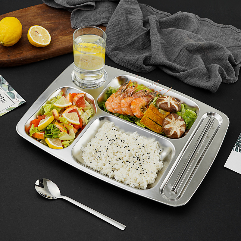304不锈钢长方圆形分格餐盘学校学生餐盘员工食堂饭店饭盘快餐盘