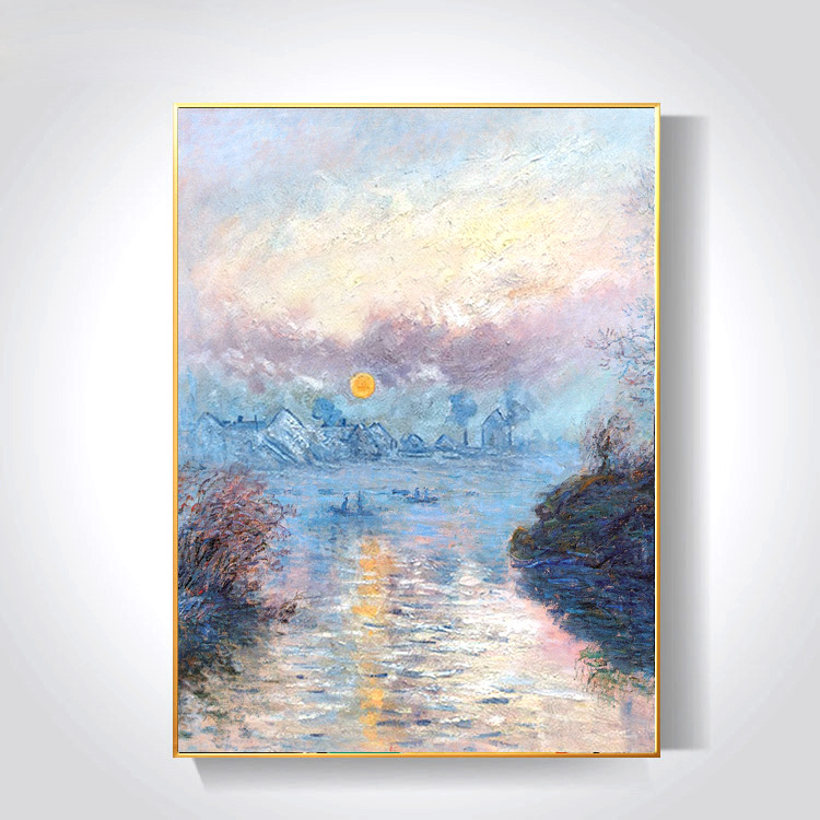 纯手绘油画莫奈装饰画家居玄关入户挂画日出印象名画临摹海景民宿
