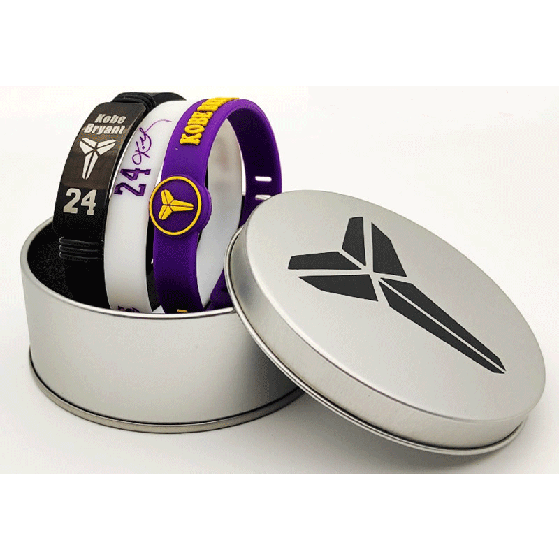 科比签名夜光白色硅胶手环圈3条铁盒装可调节亮黑金属腕带三件套