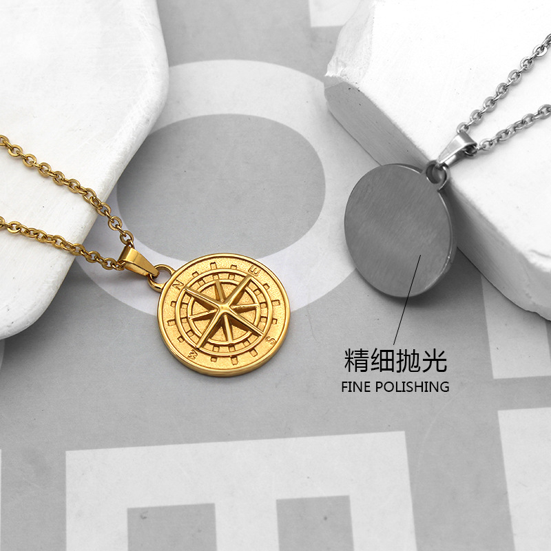 Cross-Border Hot European and American Stainless Steel Compass Compass Personality Trend Pendant Necklace Ornament Accessories Men's and Women's Necklaces