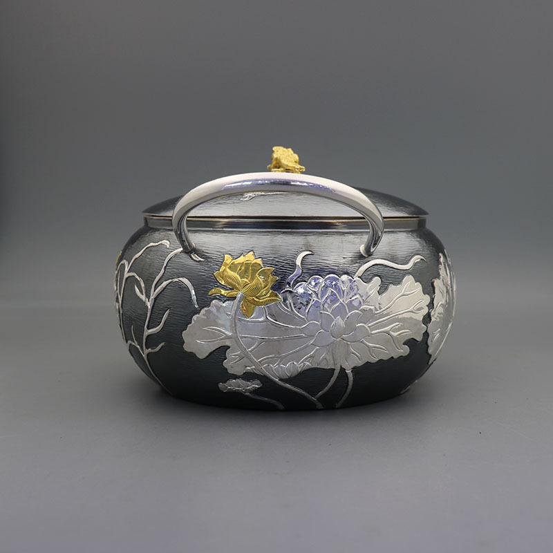 纯银汤锅炖锅 带手柄大气荷花镀金 浮雕錾刻家居厨房煮饭实用厨具