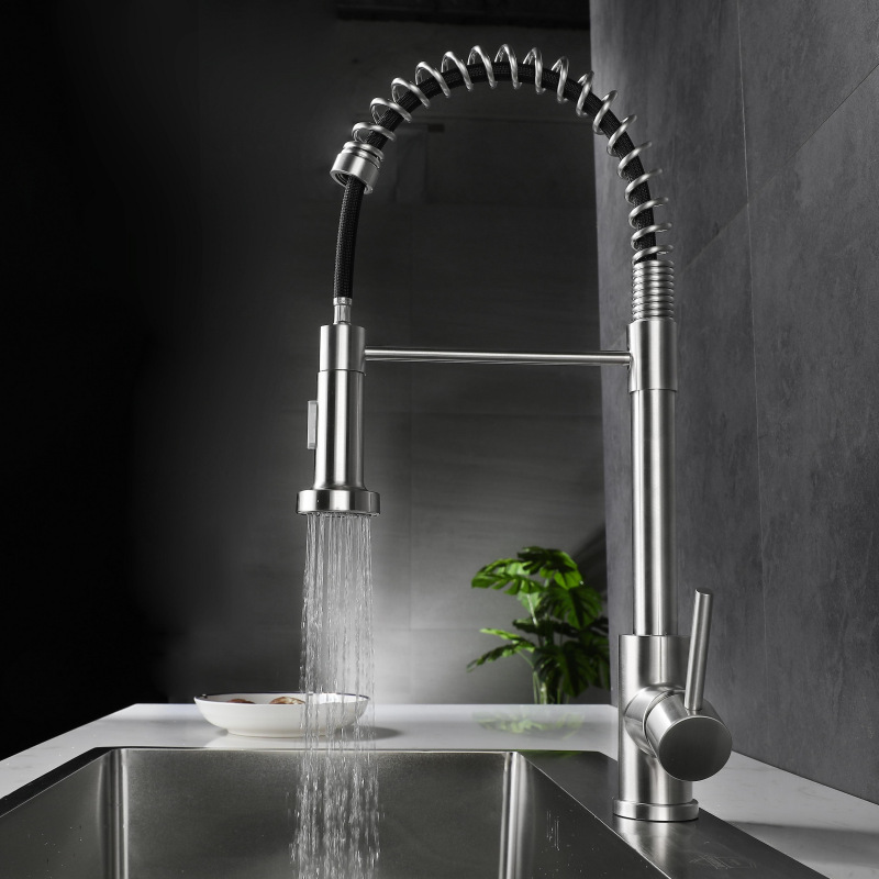 Kitchen Spring Pull-out Hot and Cold Water Faucet Cross-Border Kitchen Stainless Steel Faucet Washing Basin Sink Pullout Faucet