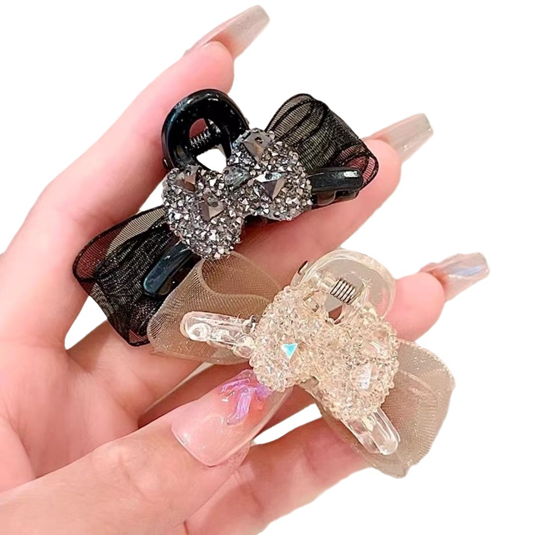 Double-Sided Bow Small Jaw Clip Mesh Rhinestone Barrettes High-Grade Bangs Hair Clip for Broken Hair Barrettes High Skull Top Light Luxury Hair Accessories