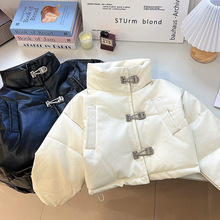 女童皮棉服2024冬季新款韩版纯色PU皮棉服金属扣立领短款手赛棉服