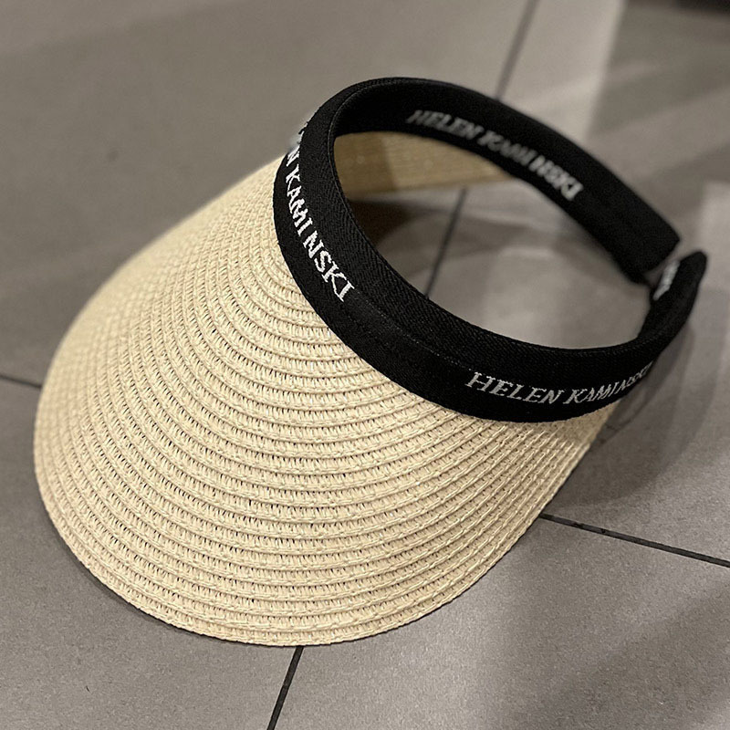 Sun Hat Summer Straw Knitted Peaked Cap Topless Hat Women's Beach Casual Sun-Proof Sun-Proof Non-Top Breathable Hairband Hat Straw Hat