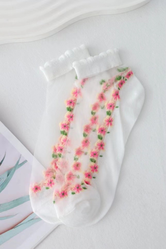 Floral Spun Glass Women's Summer Short Socks Japanese Cute Fresh Ins Socks Cotton Base Sweat-Absorbent Breathable Socks