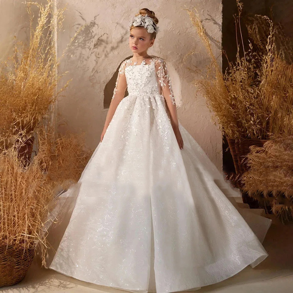 外贸拖尾儿童婚纱伴娘礼服蕾丝无袖生日主持钢琴演出