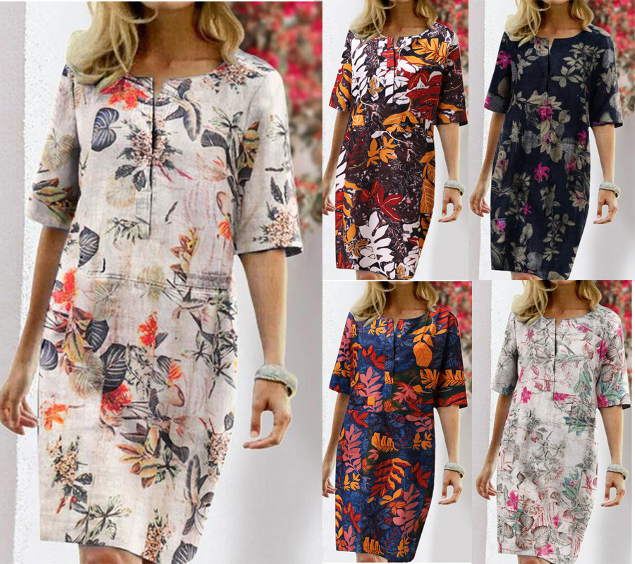 2023 Europe and America Cross Border New Women's Wish AliExpress Floral Floral Print Slit round Neck Half Sleeve Vintage Dress