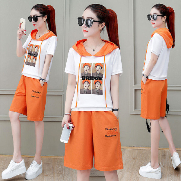 时尚印花运动服套装女夏天两件套洋气连帽短袖休闲服宽松韩版